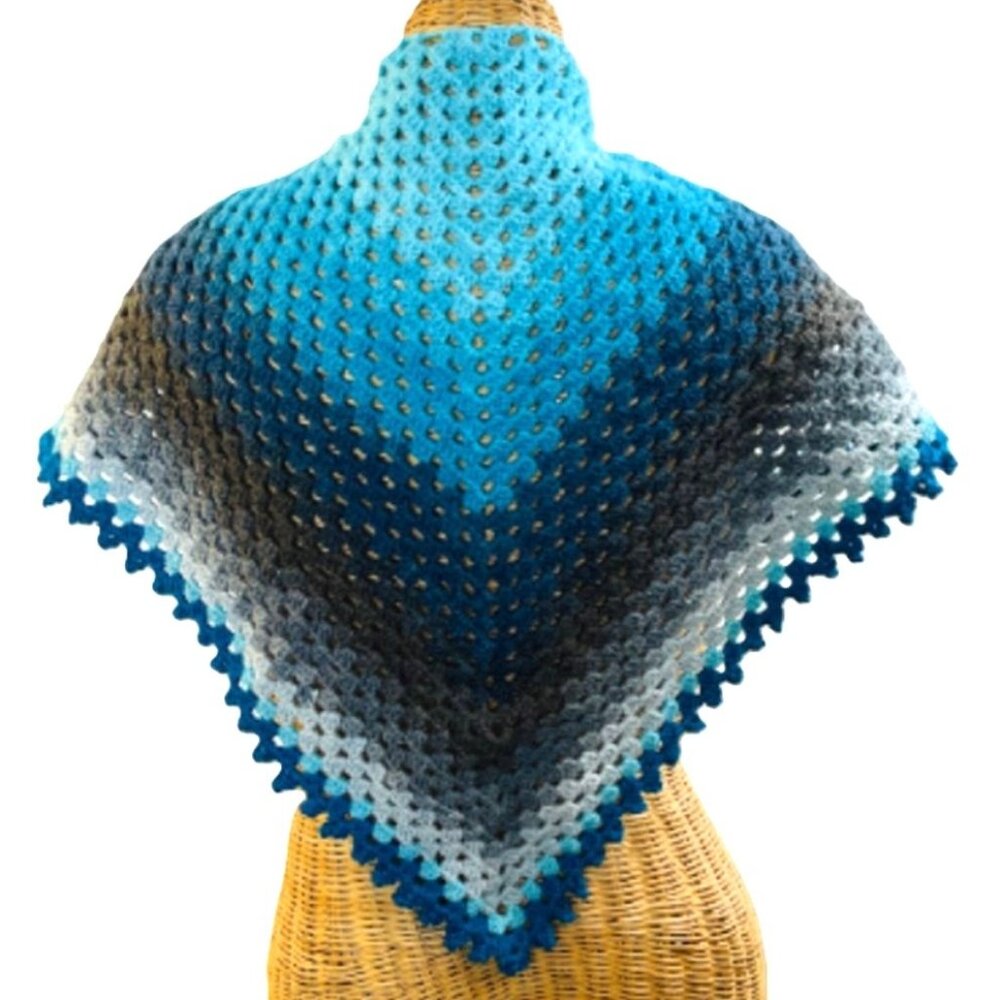 Crochet Shawl Cowl Wrap Granny Square Style Blue Gray Teal 51" x 27" Handmade Ne